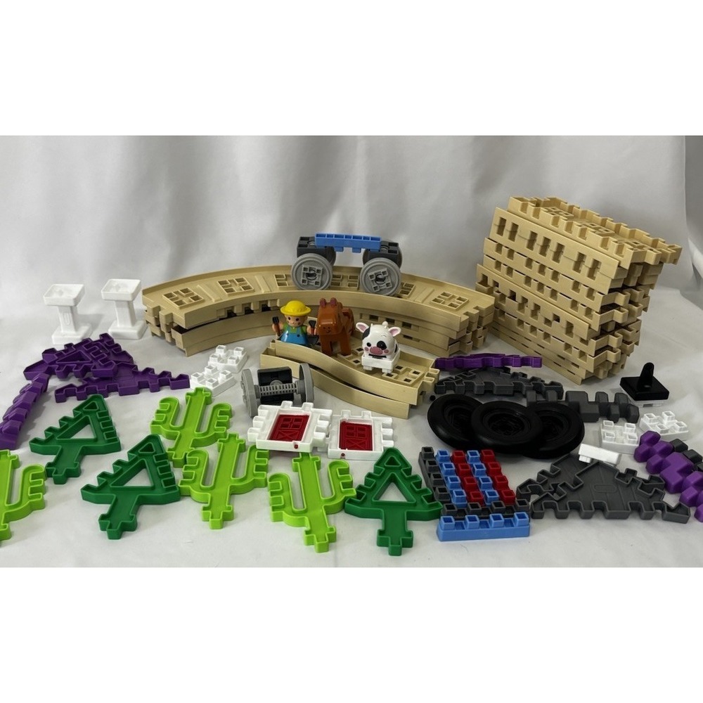 Little Tikes Waffle Blocks Lot Over 60 pc- Train Farm people, animals